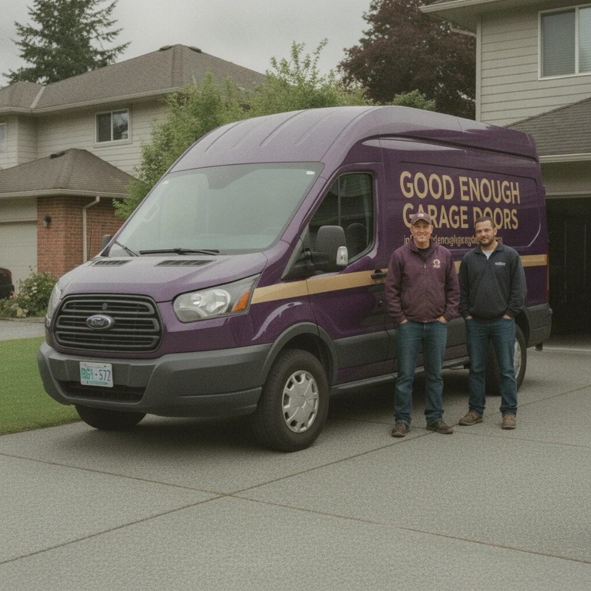 Two Good Enough Garage Doors technicians beside the plum service van in Greater Vancouver