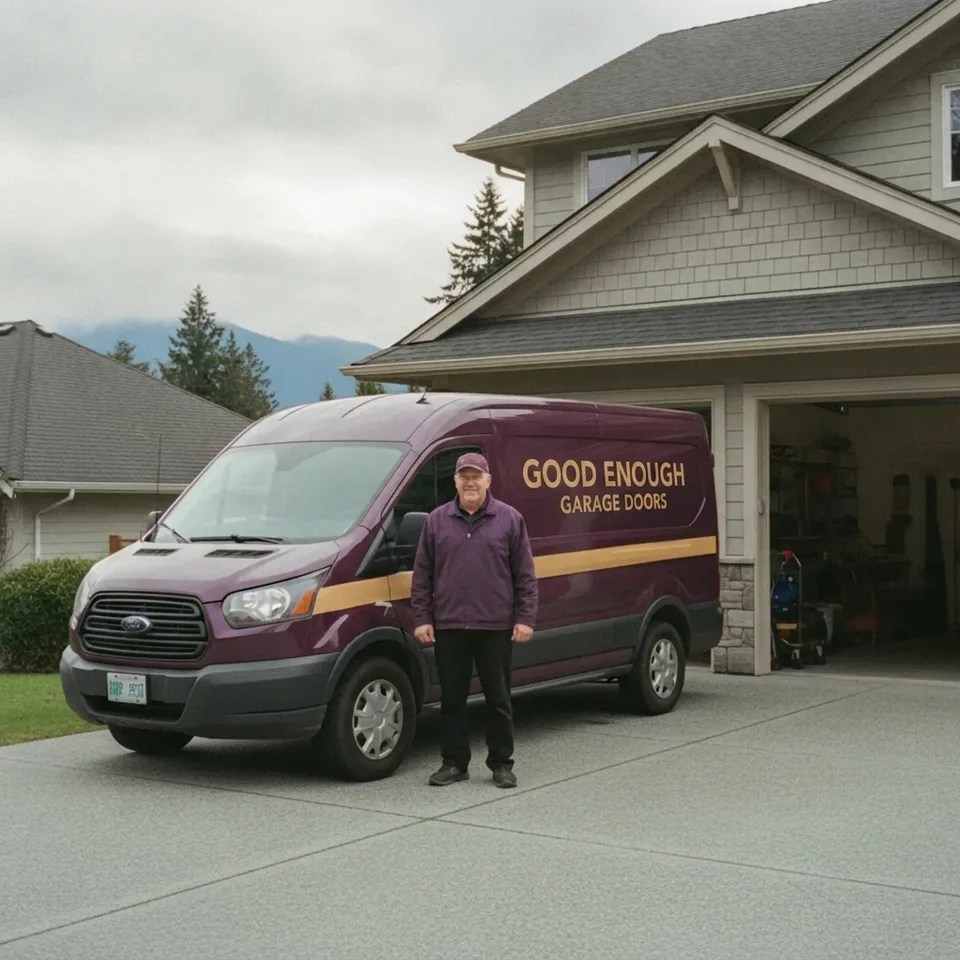 Good Enough Garage Doors technician beside the plum service van at a Greater Vancouver home with an open garage door
